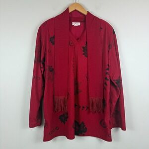 J.P.L.A Top Women's 2XL Red Leaf Print Textured Fringe Long Sleeve Shawl Retro